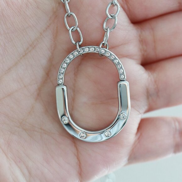 Silver Lock Style Design Pendant with CZ Necklace Stainless Steel - Picture 3 of 4